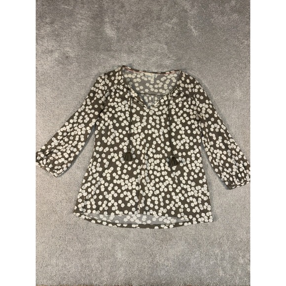 boden lyocell wool blouse tan white print soft tassel peasant sleeve - Picture 3 of 11